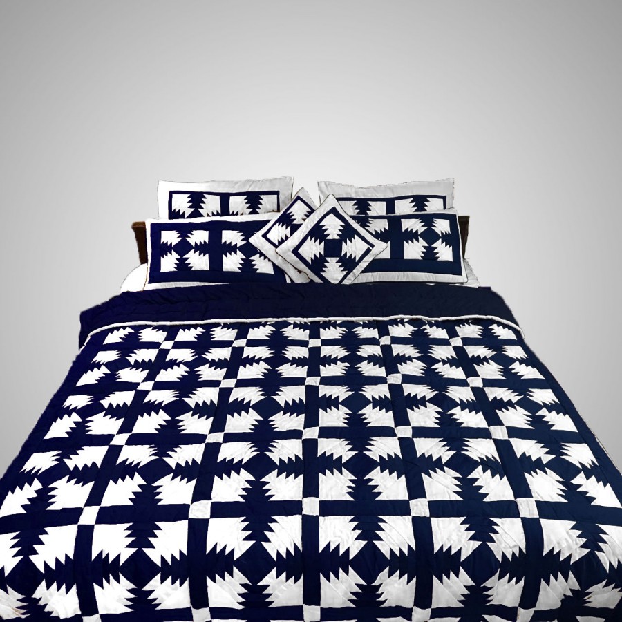 Pure Cotton Navy Blue & White Handmade Sindhi Tukri Ralli / Rally / Appliqued Bedset RBS-58